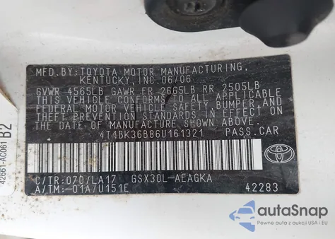2006 Toyota Avalon Xls z USA, uszkodzony, nr VIN 4T1BK36B86U161321